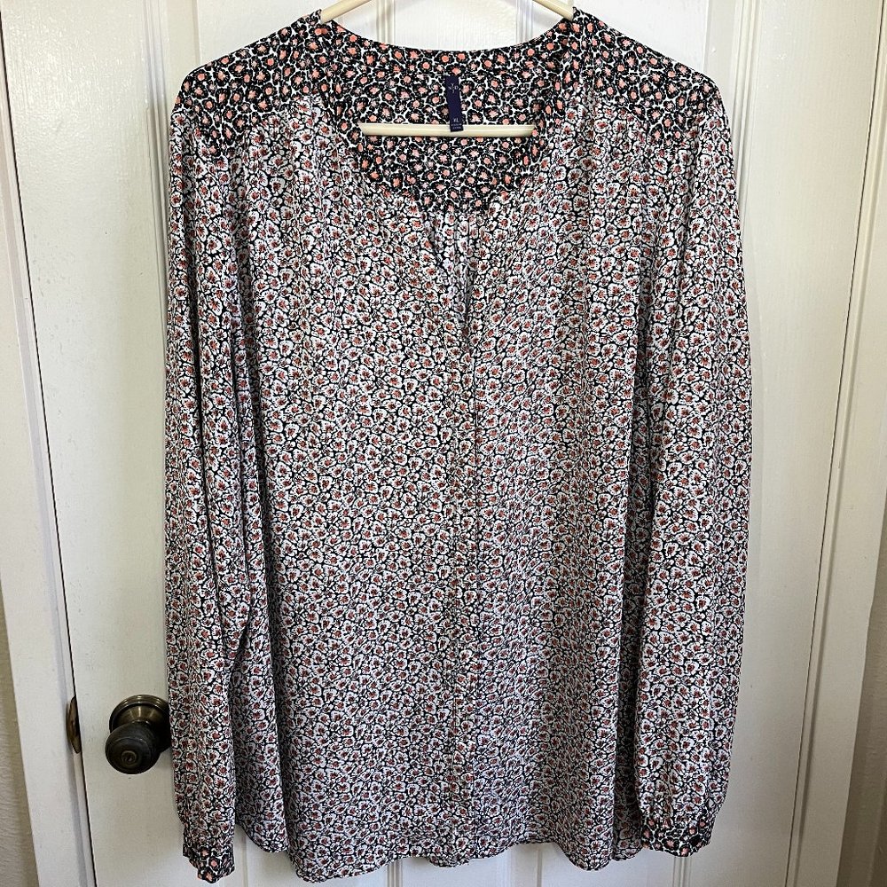 NYDJ Women's Long Sleeve Pintuck Pink/White/Black Floral Blouse/Top XL